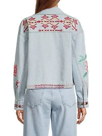 Talulla Floral-Embroidered Denim Crop Jacket