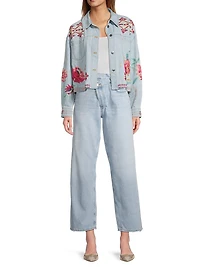 Talulla Floral-Embroidered Denim Crop Jacket