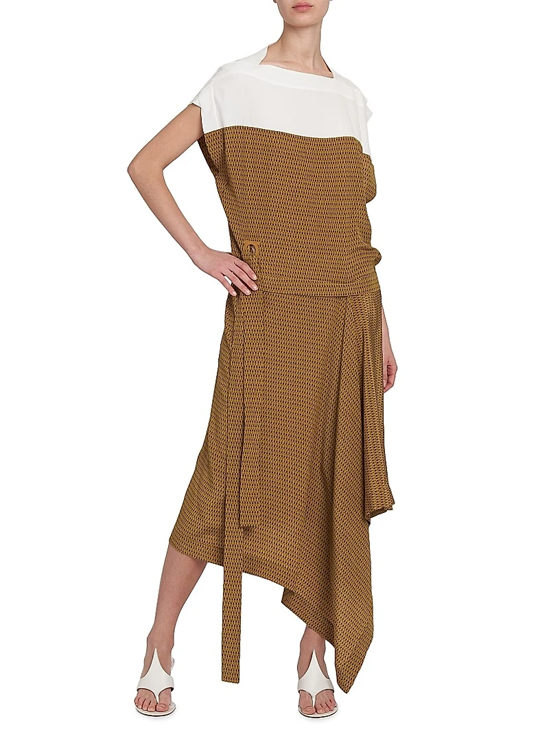 Mix Media Silk Draped Midi-Dress