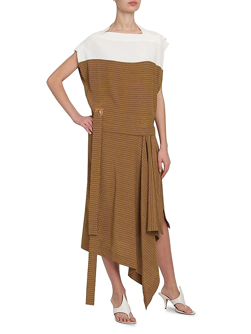 Mix Media Silk Draped Midi-Dress
