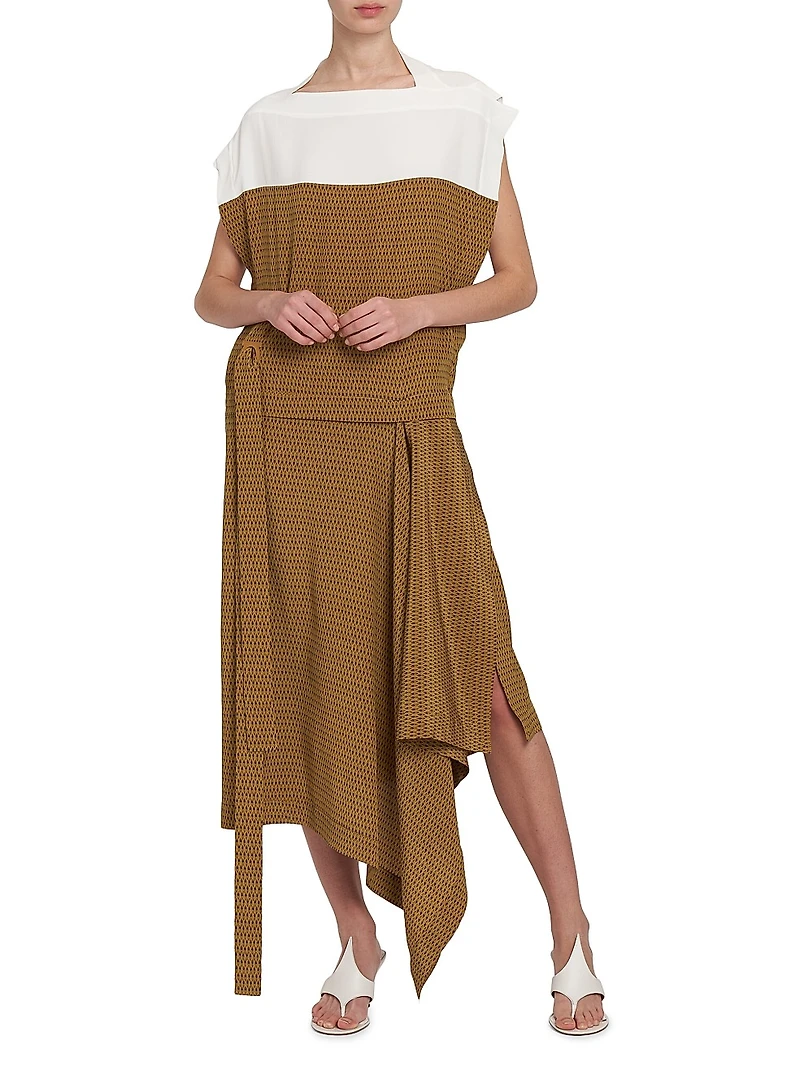 Mix Media Silk Draped Midi-Dress