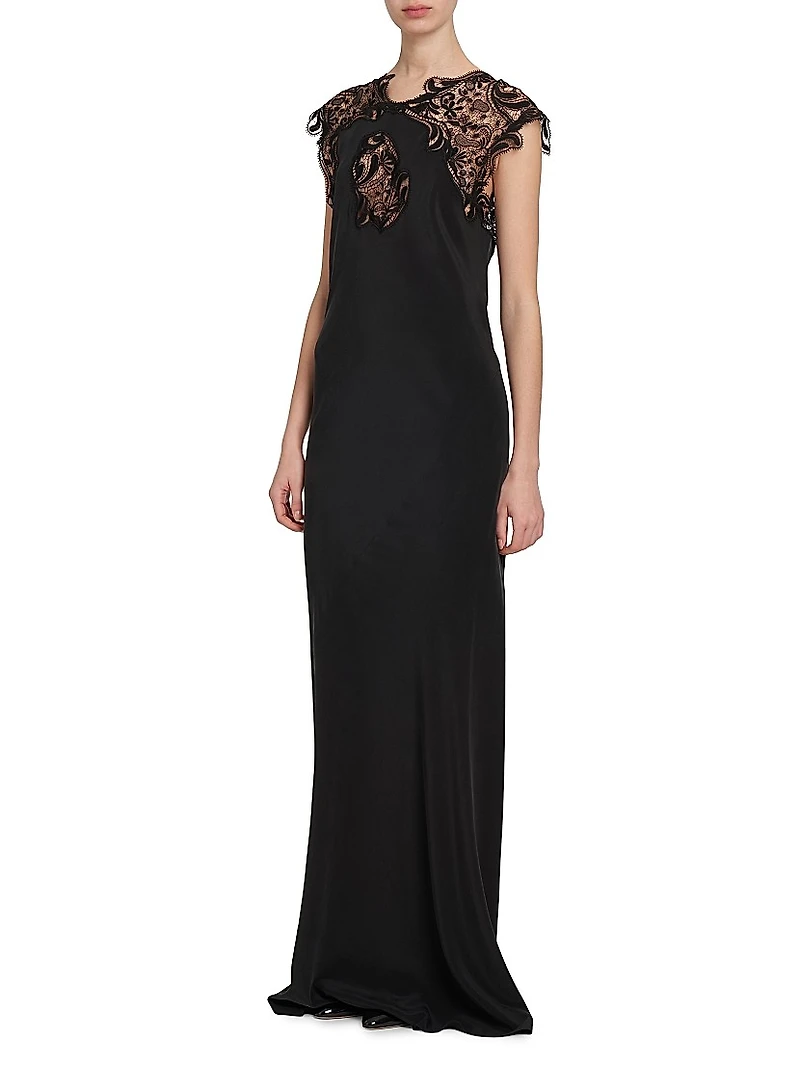 Lace Yoke Silk Column Gown