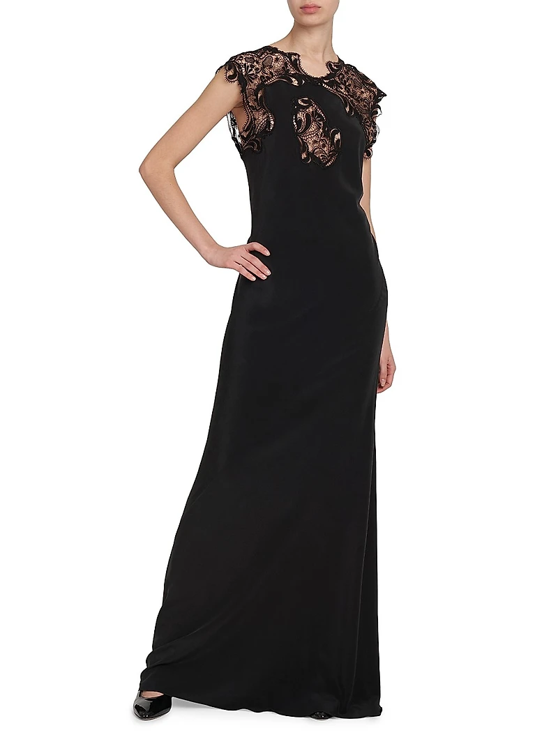 Lace Yoke Silk Column Gown