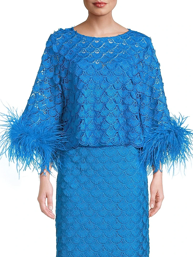 Paloma Feather-Trim Lace Crop Blouse