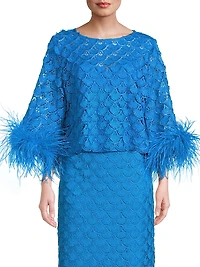 Paloma Feather-Trim Lace Crop Blouse