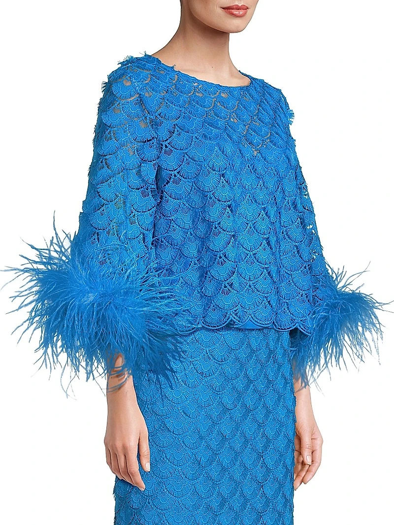 Paloma Feather-Trim Lace Crop Blouse