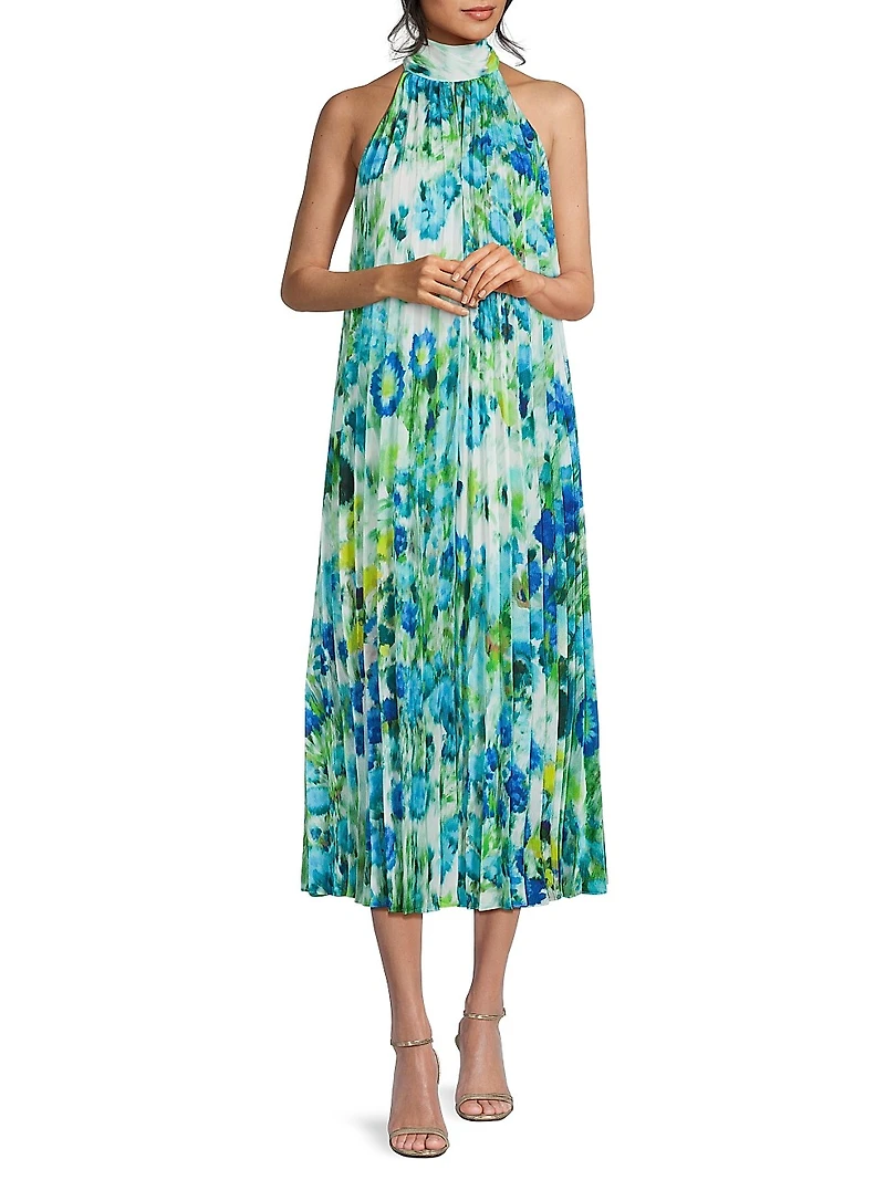 Rue Floral Pleated Halter Cocktail Dress