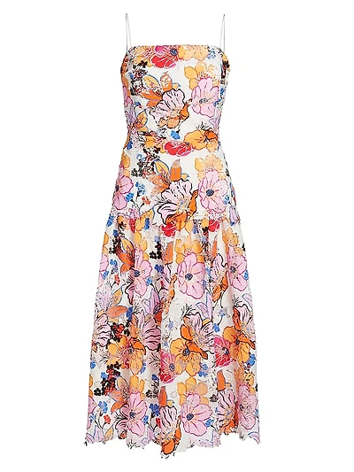 Tierra Floral-Printed Lace Midi-Dress