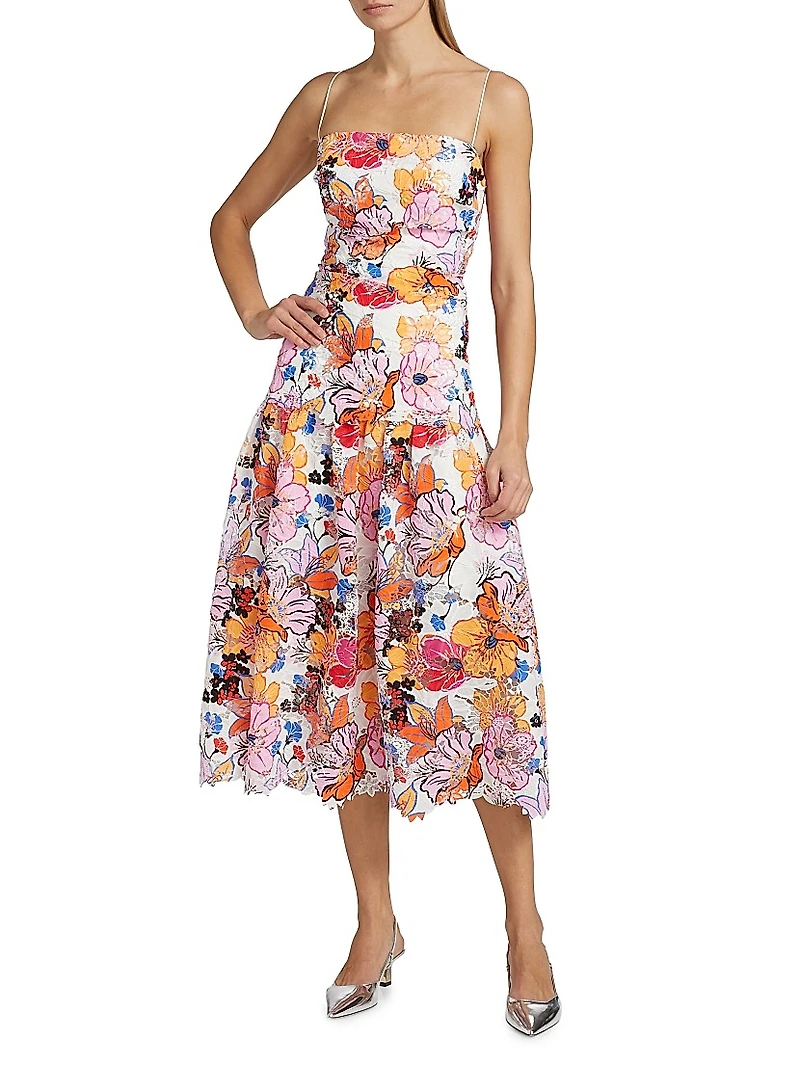 Tierra Floral-Printed Lace Midi-Dress