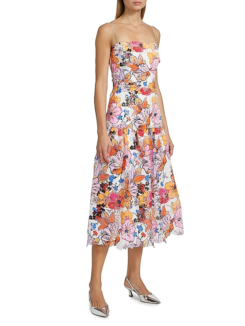 Tierra Floral-Printed Lace Midi-Dress
