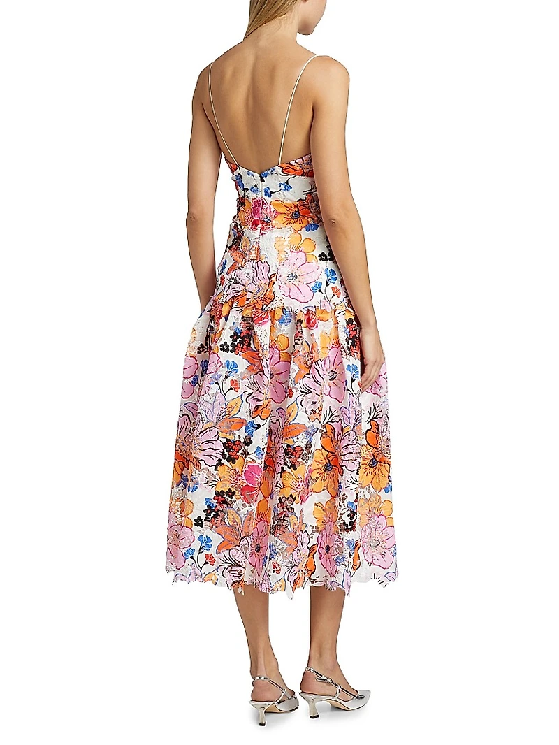 Tierra Floral-Printed Lace Midi-Dress