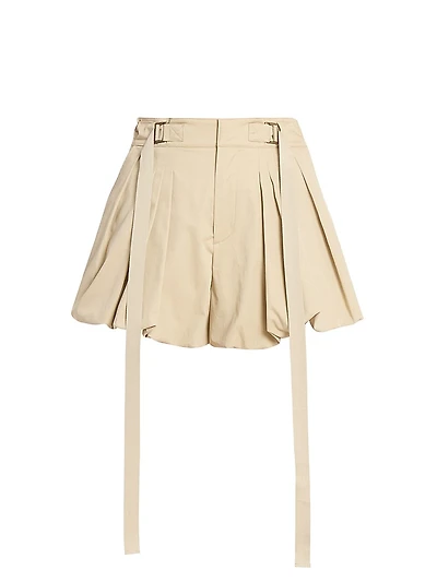 Pleated Cotton Belted Bubble-Hem Shorts