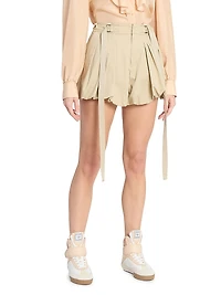 Pleated Cotton Belted Bubble-Hem Shorts