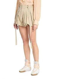 Pleated Cotton Belted Bubble-Hem Shorts