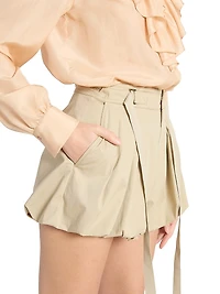 Pleated Cotton Belted Bubble-Hem Shorts