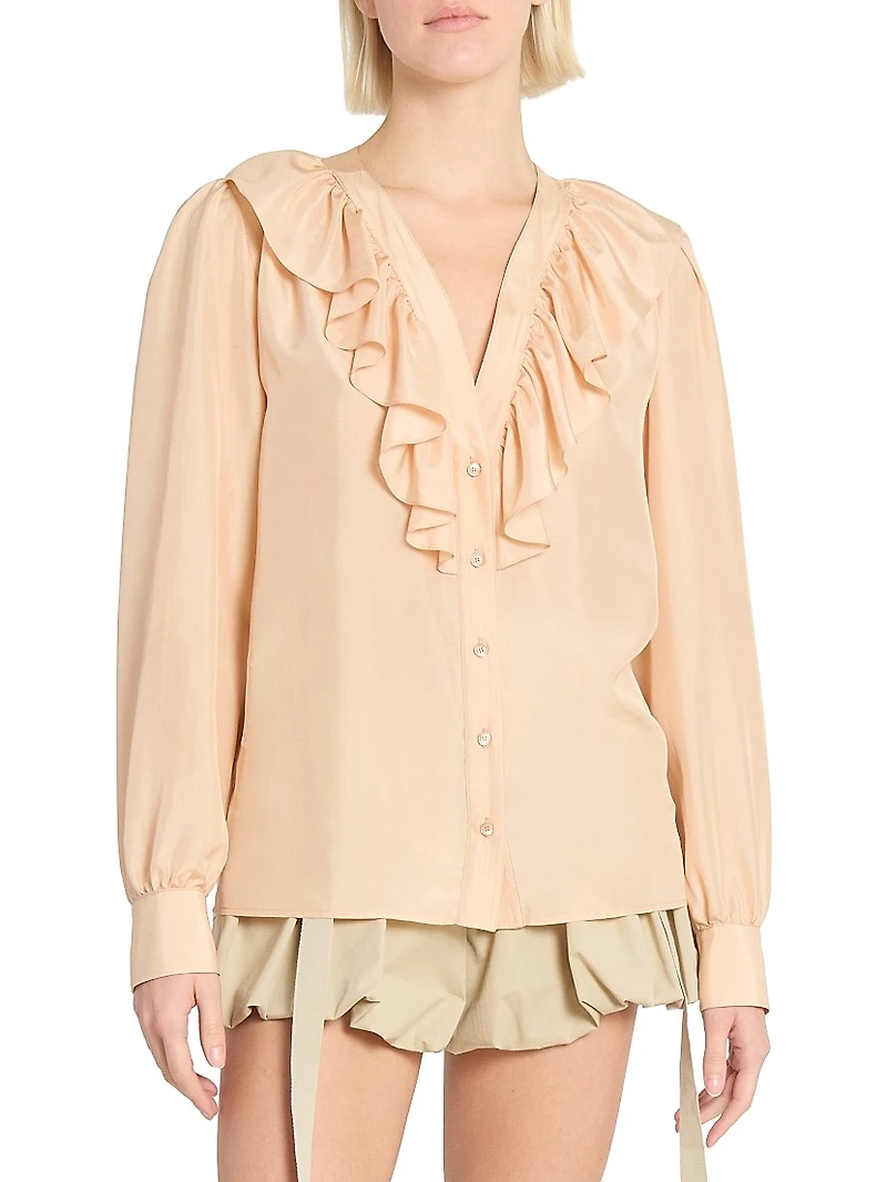 Ruffled Silk V-Neck Blouse