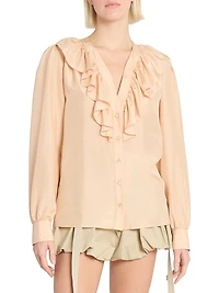 Ruffled Silk V-Neck Blouse