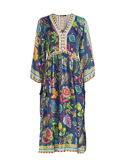 Saskia Floral Silk V-Neck Midi-Dress