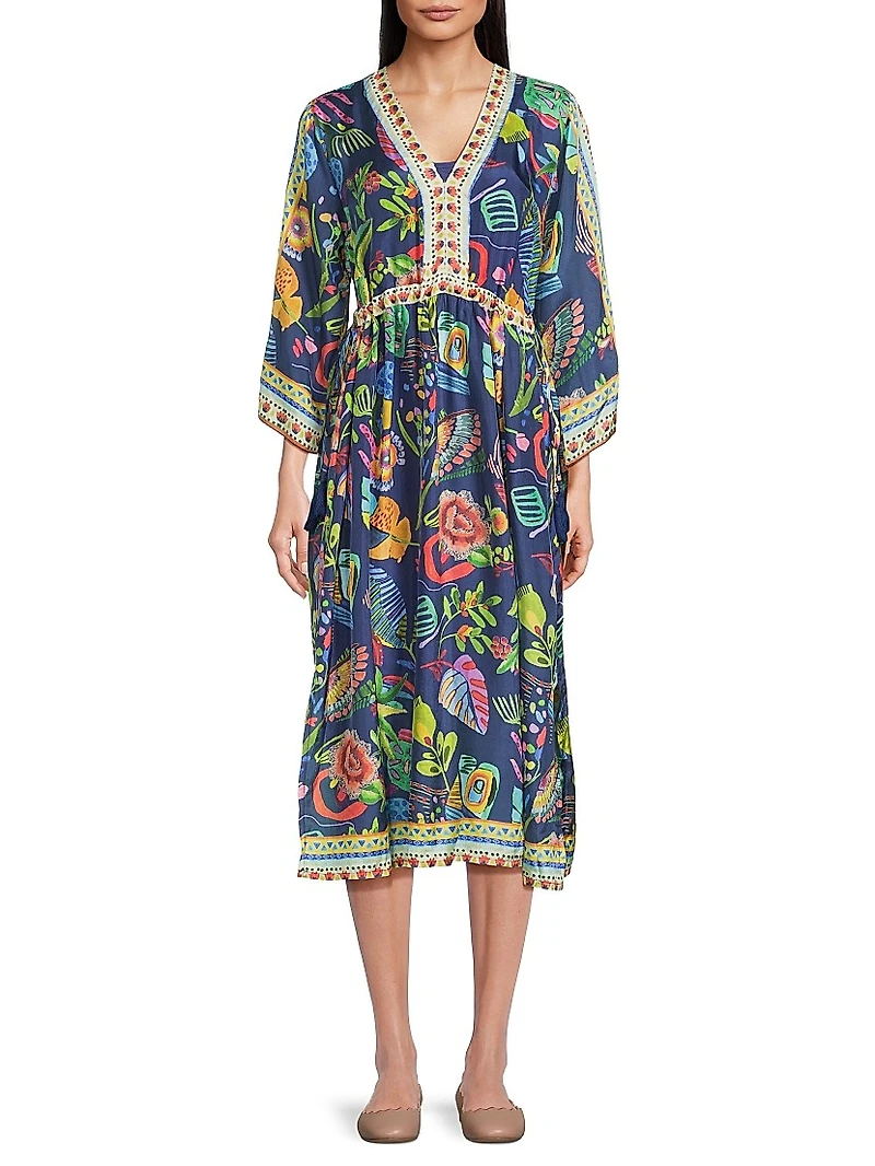 Saskia Floral Silk V-Neck Midi-Dress