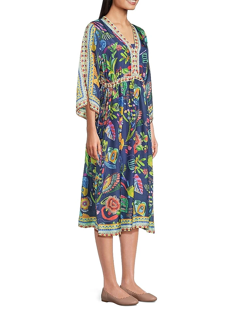 Saskia Floral Silk V-Neck Midi-Dress