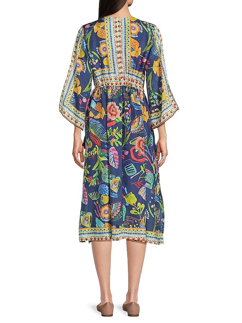 Saskia Floral Silk V-Neck Midi-Dress
