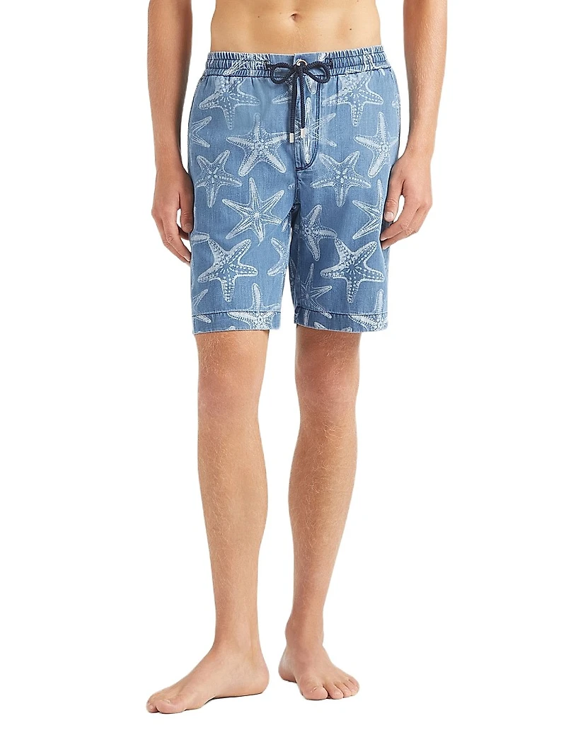 Starfish-Printed Denim Shorts