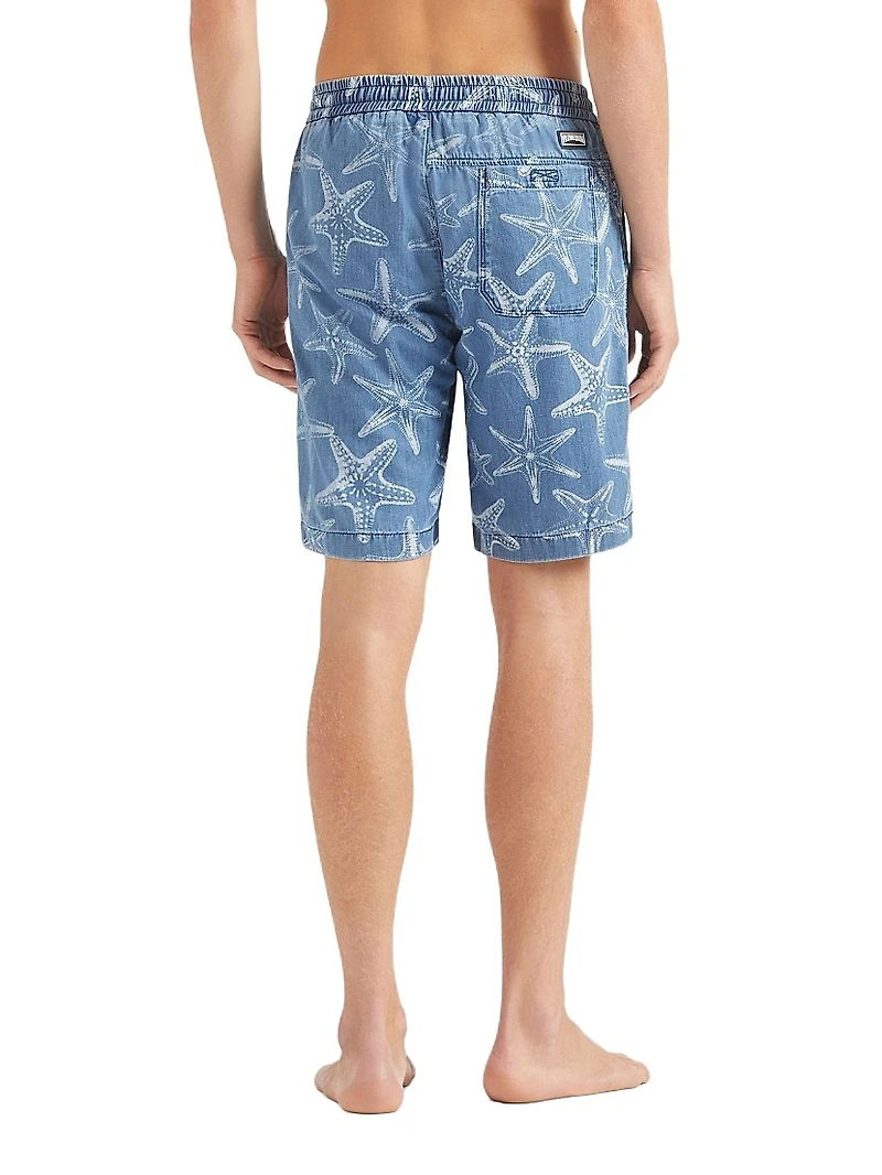 Starfish-Printed Denim Shorts