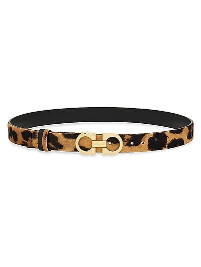 Donna Double Gancini Leopard Calf Hair Belt