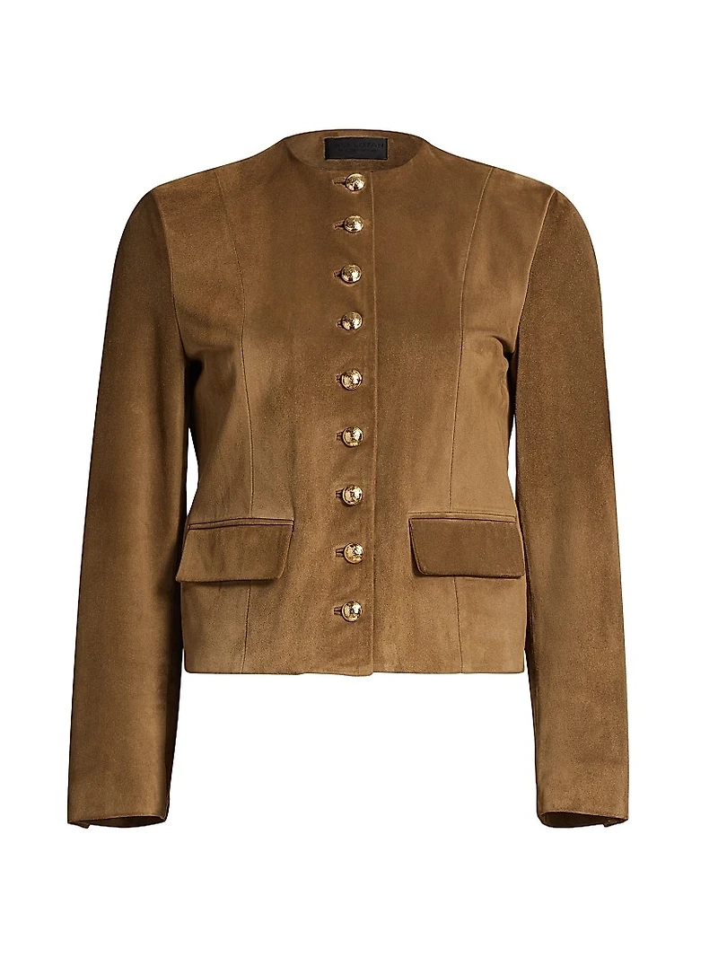Nanon Suede Collarless Button-Front Jacket