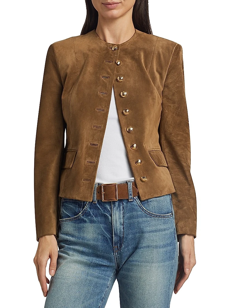 Nanon Suede Collarless Button-Front Jacket