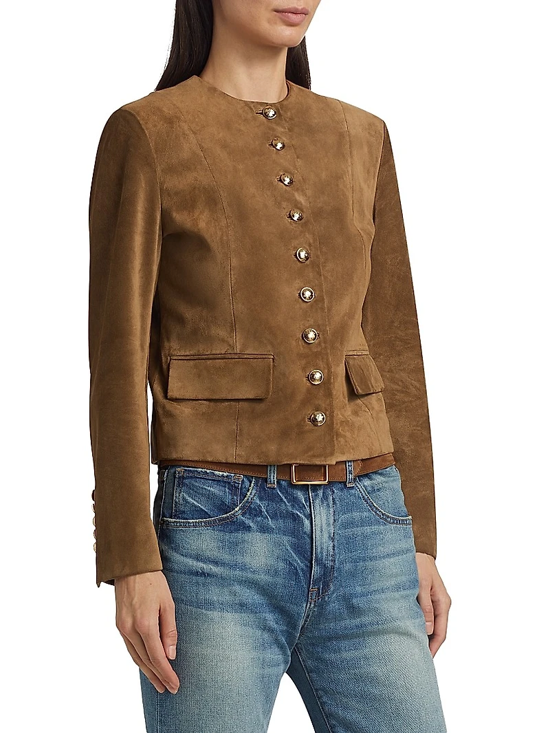 Nanon Suede Collarless Button-Front Jacket
