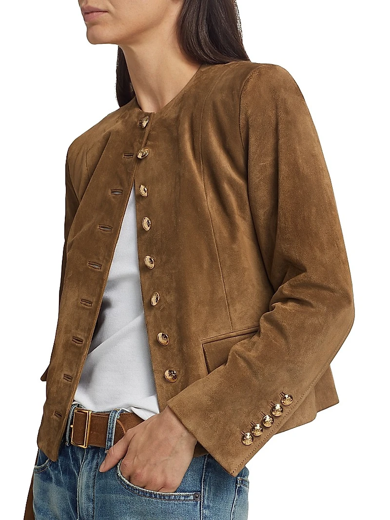 Nanon Suede Collarless Button-Front Jacket