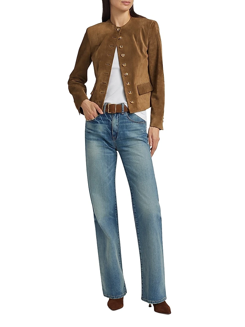 Nanon Suede Collarless Button-Front Jacket