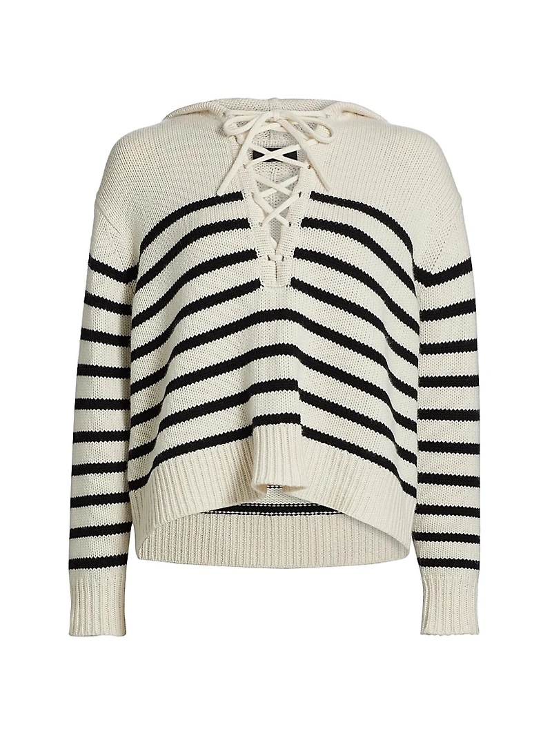 Noemi Stripe Cashmere Hooded Lace-Up Sweater