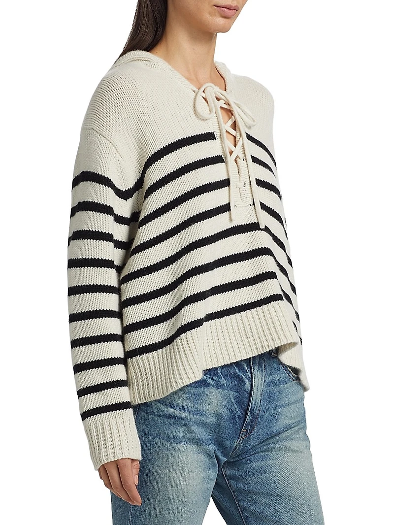 Noemi Stripe Cashmere Hooded Lace-Up Sweater