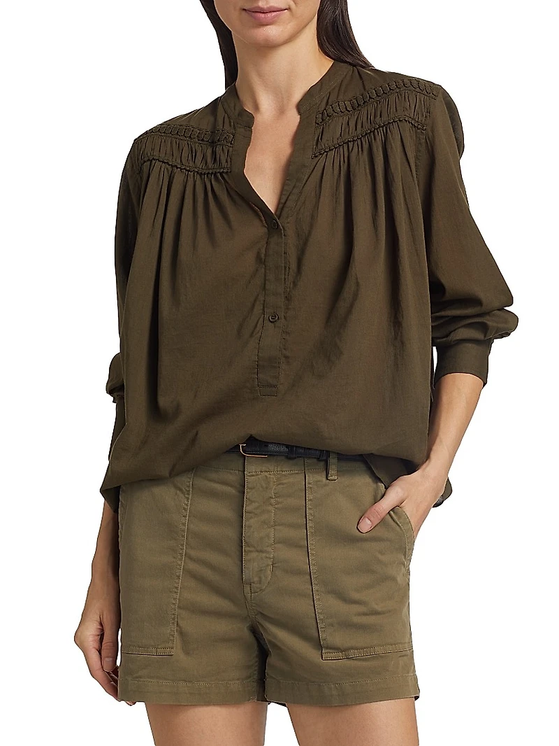 Clarys Gathered Cotton Split Neck Top