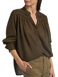 Clarys Gathered Cotton Split Neck Top