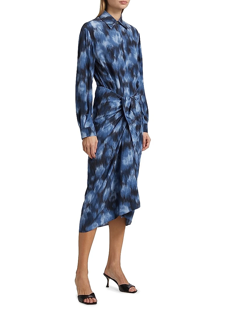 Abstract Floral Silk Sarong Tie Midi-Shirtdress