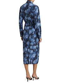 Abstract Floral Silk Sarong Tie Midi-Shirtdress