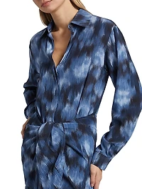 Abstract Floral Silk Sarong Tie Midi-Shirtdress
