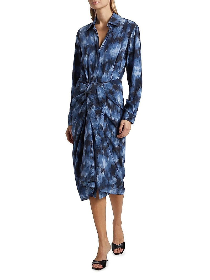 Abstract Floral Silk Sarong Tie Midi-Shirtdress
