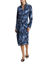 Abstract Floral Silk Sarong Tie Midi-Shirtdress