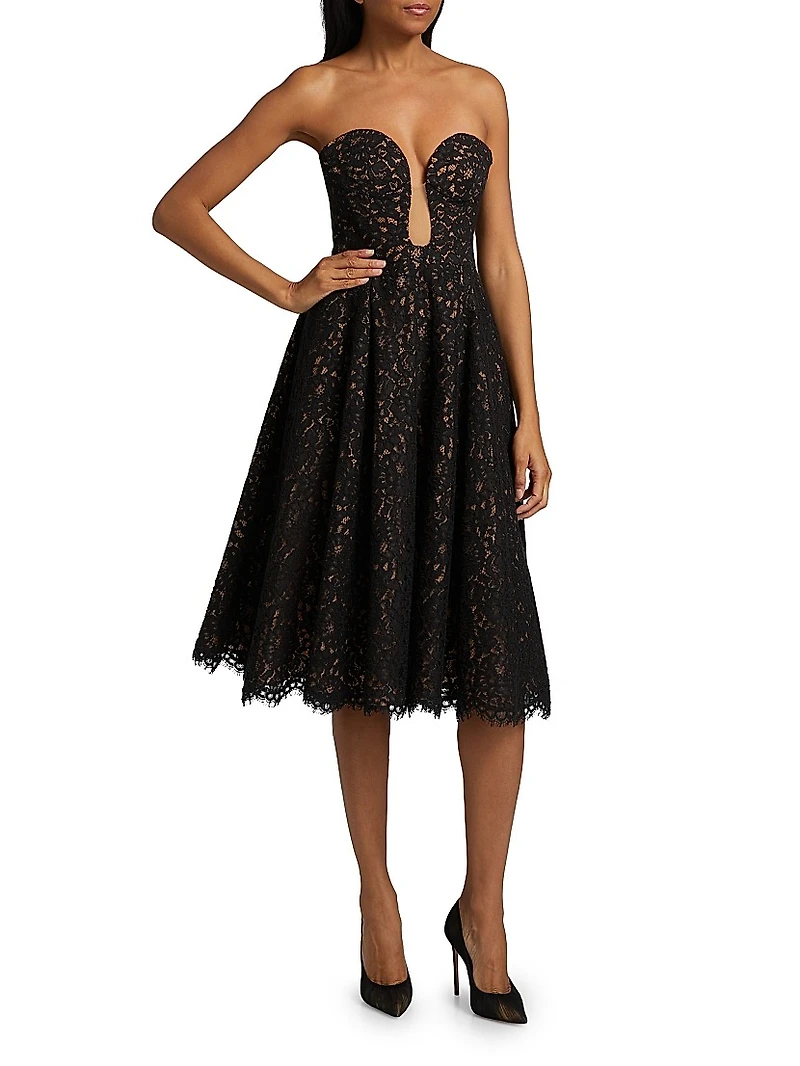 Floral Lace Plunge Bustier Cocktail Dress