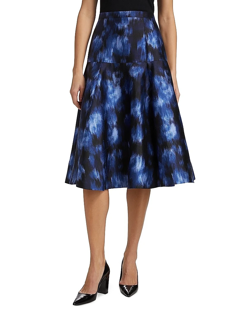 Abstract Floral Silk-Wool Drop-Waist Midi-Skirt