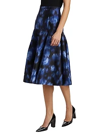Abstract Floral Silk-Wool Drop-Waist Midi-Skirt