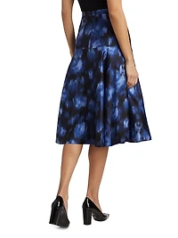 Abstract Floral Silk-Wool Drop-Waist Midi-Skirt
