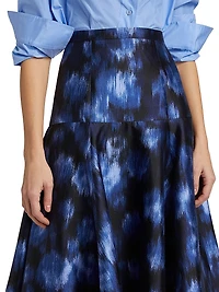 Abstract Floral Silk-Wool Drop-Waist Midi-Skirt