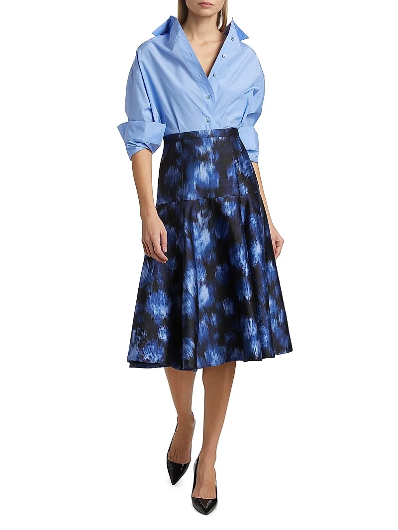 Abstract Floral Silk-Wool Drop-Waist Midi-Skirt