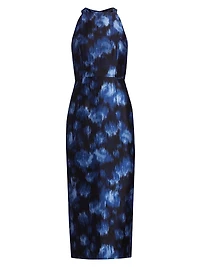 Abstract Floral Wool & Silk Halterneck Midi-Dress