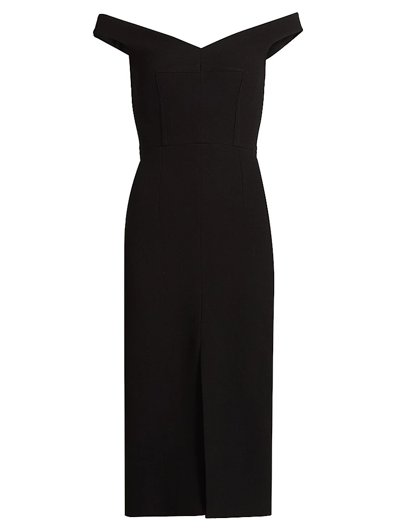 Stretch Bouclé Crepe Off-Shoulder Midi-Dress